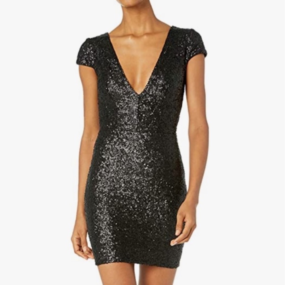 DRESS THE POPULATION Black Sequin Mini Dress Size Large